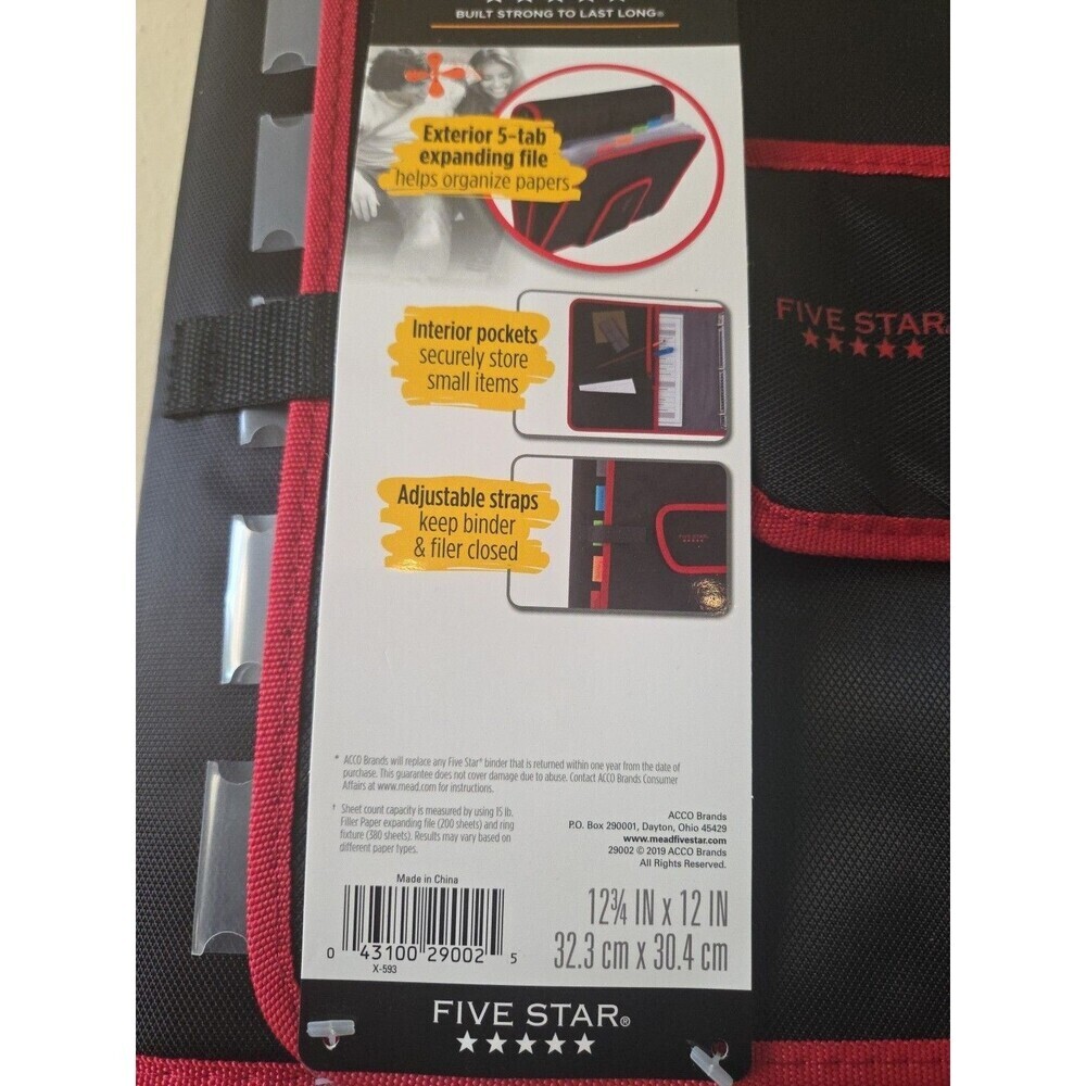 Mead Five Star 2" Binder 580 Sheet Capacity Exterior Expanding File Black Red - Picture 11 of 11